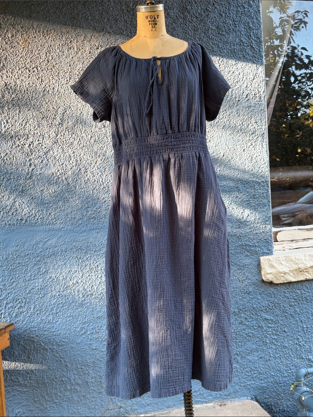 Pact Navy Blue Gauze Maxi Dress with Smocked Waist